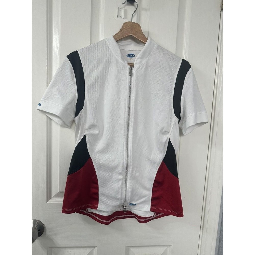 Luna Women's White Red Full Zip Top Outdoor Cycling Shirt Back Pockets Size L